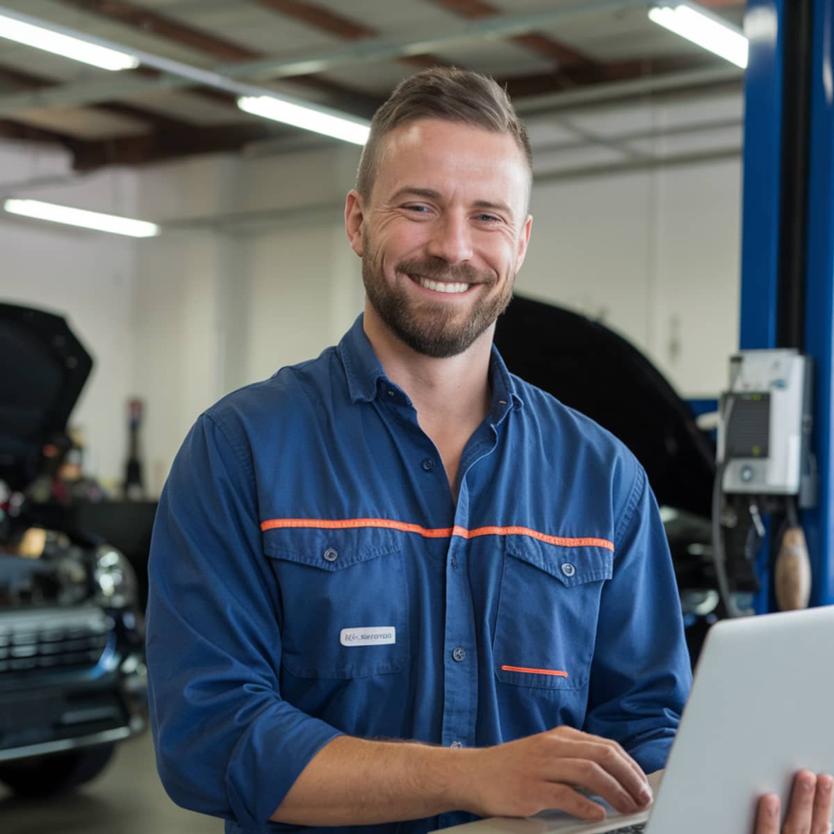 Smiling auto glass technician in workshop